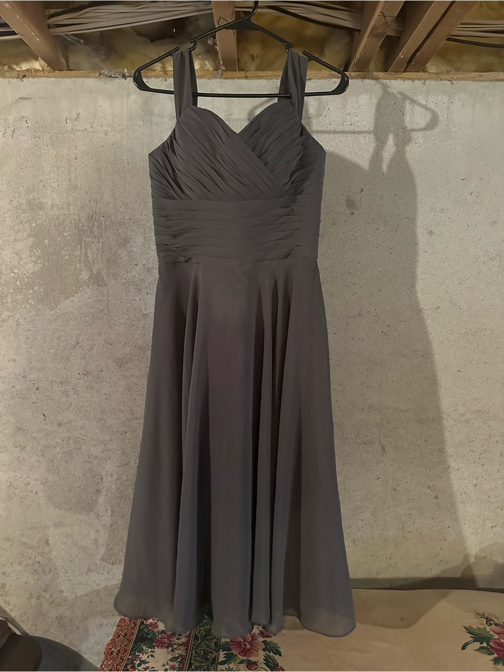 David's Bridal Gray Pleated A-Line Midi Dress